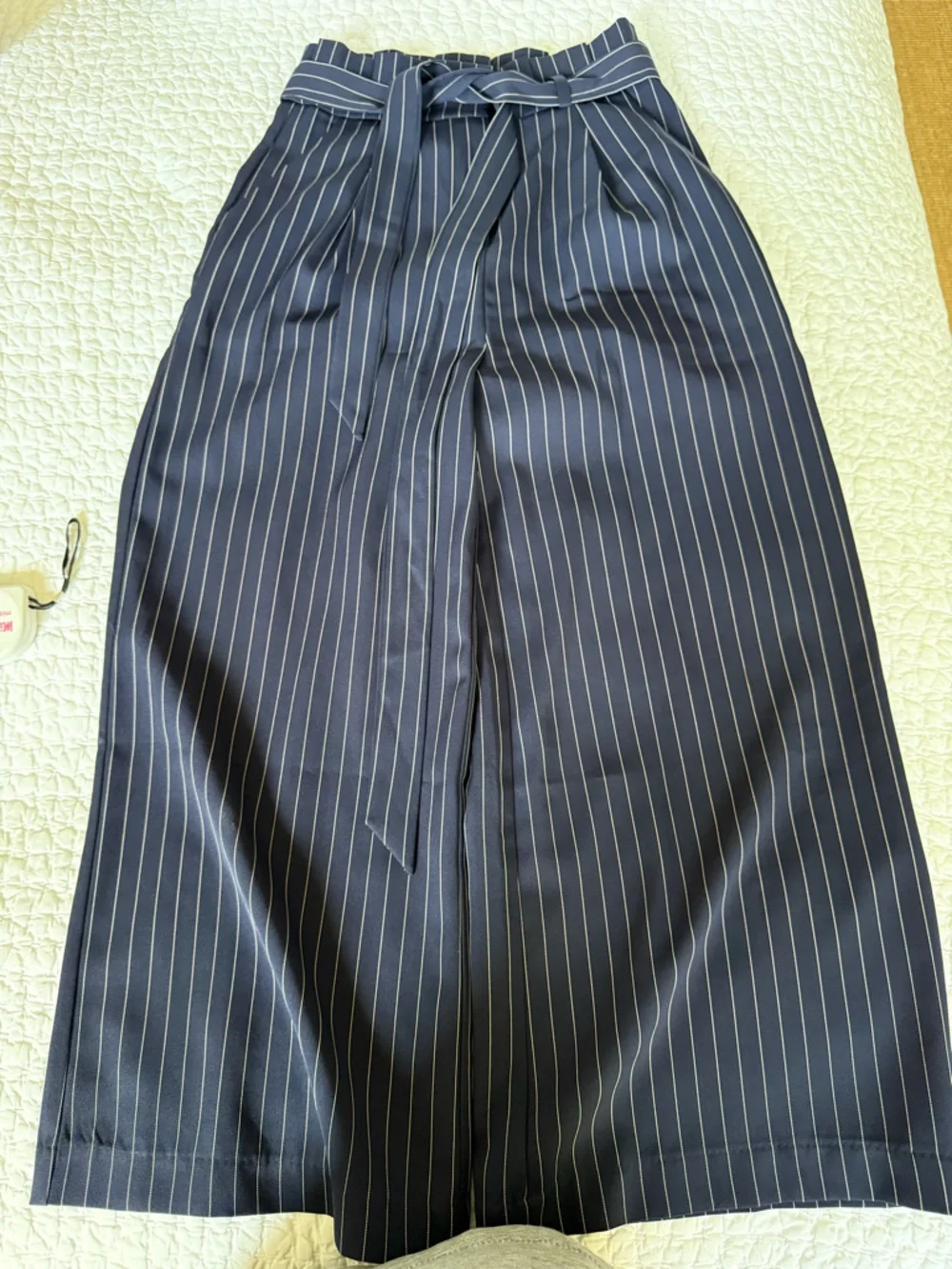 Lulu’s Mason High-Waist Navy Pinstriped Wide Leg Pants with Tie Waist - Picture 5 of 9